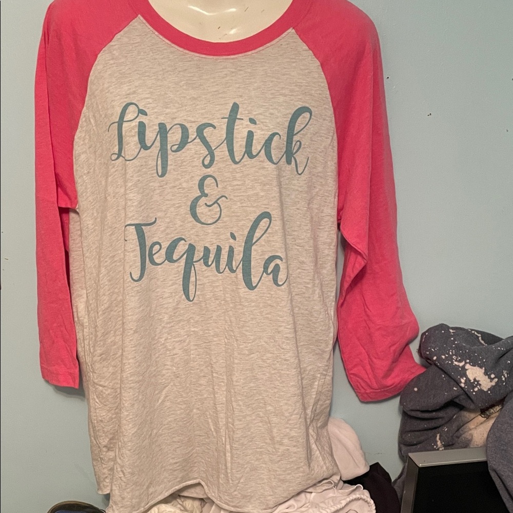 Pink and Gray Raglan Tee with Lipstick & Tequila Print